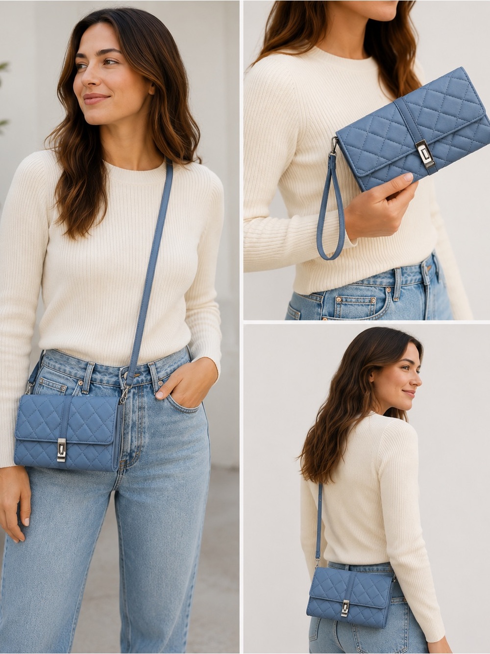 MZ Wallace Astor Convertible Cross Body Stone Blue Quilted Wristlet